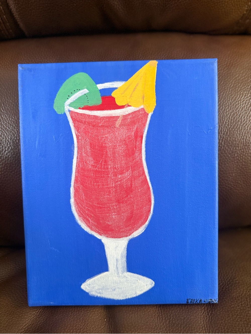 Red Daiquiri w/ Yellow Drink Umbrella on Rich Blue - NEW